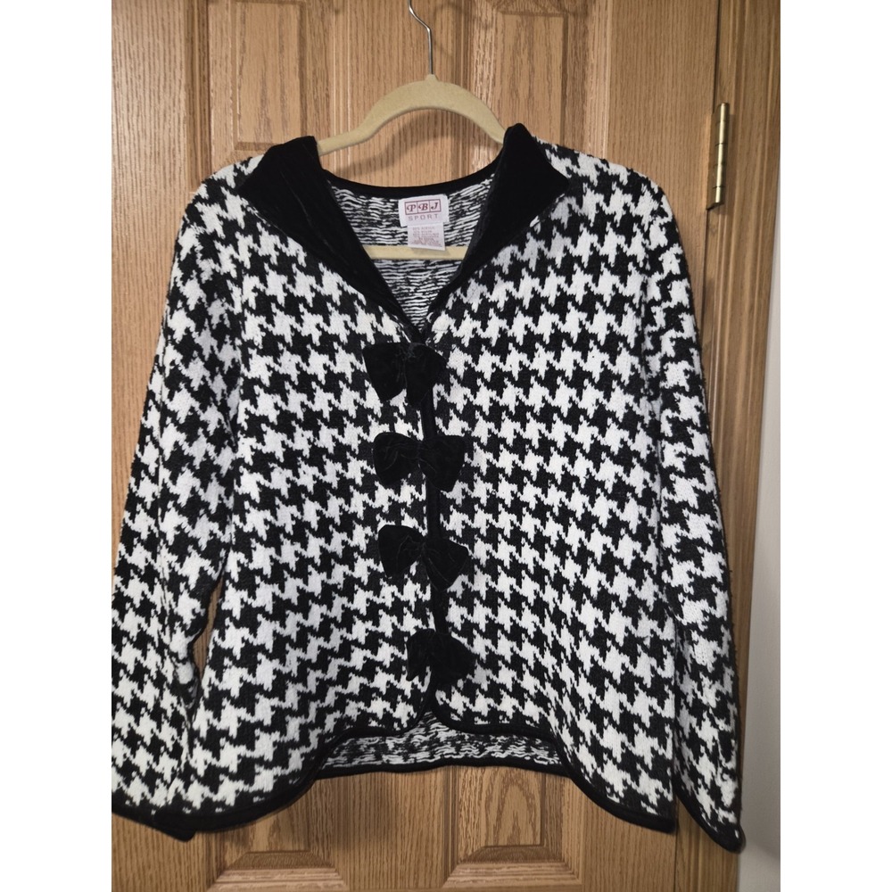 Vintage PBJ Sport Houndstooth Cardigan Sweater Velvet Bows Collared XL 90s Y2K